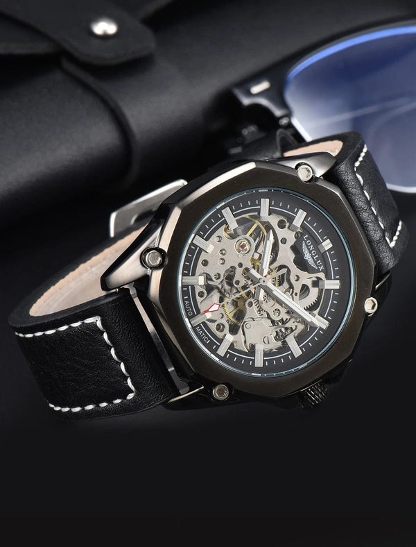 Planet Gates Man watch automatic movement cool wholesale automatic watch luxury skeleton waterproof leather LONGLUX mechanical wrist watches