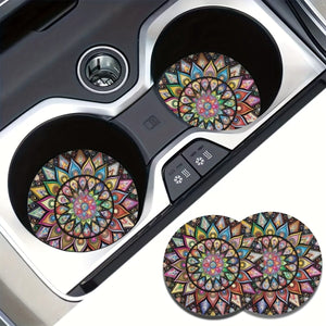 Planet Gates Mandala 2pcs Retro Mandala Flower Absorbent Car Cup Holder Coaster Mats - Car Interior Accessories For Women, Water Cup Coasters For Car Vehicles & Home Desk