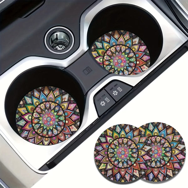 Planet Gates Mandala 2pcs Retro Mandala Flower Absorbent Car Cup Holder Coaster Mats - Car Interior Accessories For Women, Water Cup Coasters For Car Vehicles & Home Desk
