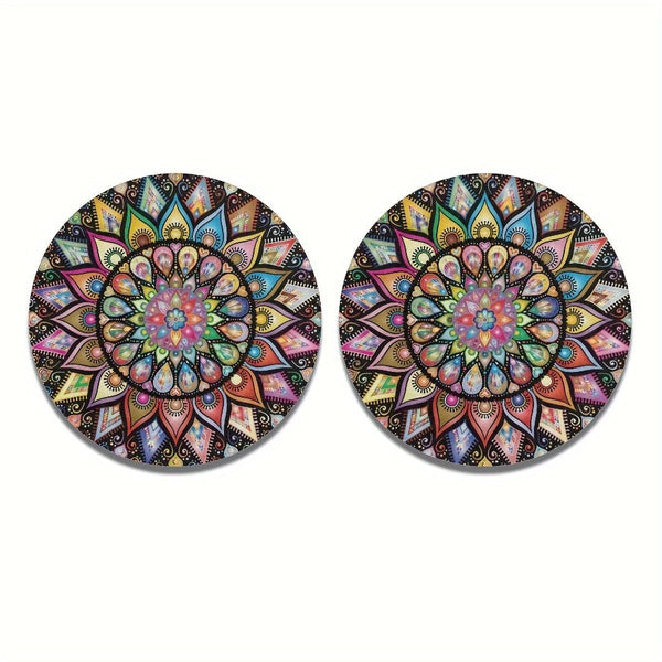 Planet Gates Mandala 2pcs Retro Mandala Flower Absorbent Car Cup Holder Coaster Mats - Car Interior Accessories For Women, Water Cup Coasters For Car Vehicles & Home Desk