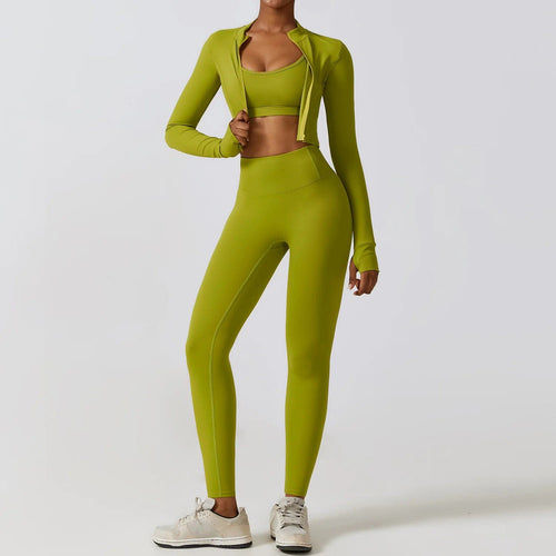 Planet Gates Matcha Green 3PCS-2 / S / CHINA Sportswear Yoga Set Women's Workout Clothes Athletic Wear Sports Gym Legging Seamless Fitness Bra Crop Top Long Sleeve Yoga Suit