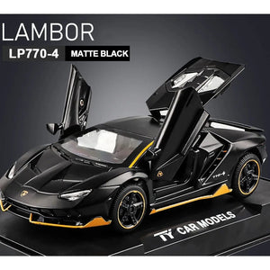 Planet Gates Matte Black 1/32 Cars Toys Auto To Scale Lambor LP770 Diecast Model Cars Alloy Autos Toys Gift for Boys Pull Back Light Music Kids Car