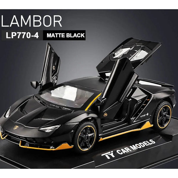 Planet Gates Matte Black 1/32 Cars Toys Auto To Scale Lambor LP770 Diecast Model Cars Alloy Autos Toys Gift for Boys Pull Back Light Music Kids Car