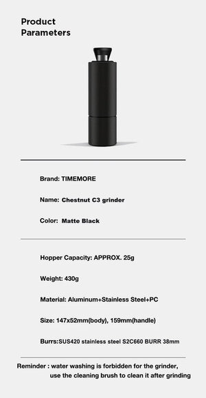 Planet Gates Matte Black C3 TIMEMORE Chestnut C3 Manual Coffee Grinder S2C Burr Inside High Quality Portable Hand Grinder With Double Bearing Positioning