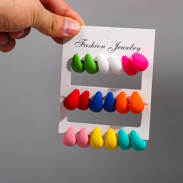 Planet Gates matte-color A New 9Pair/Set Acrylic Small Chunky Waterdrop Earrings Dupes for Women Matte Colorful Dome Tear Drop Earring Hoops Trendy Jewelry