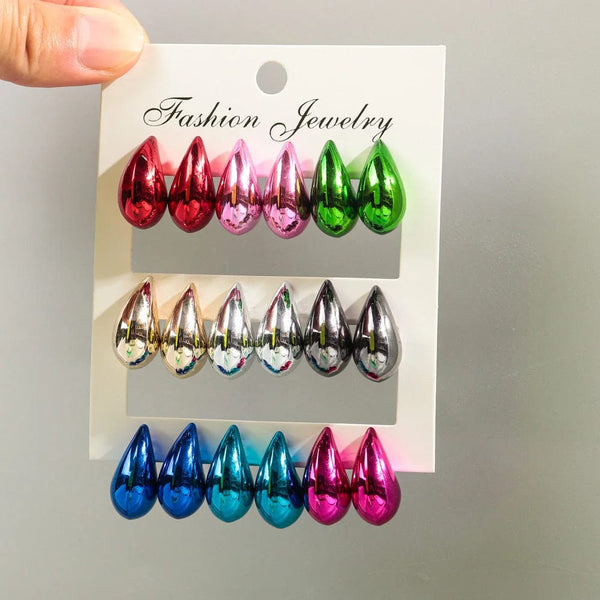 Planet Gates matte-color A New 9Pair/Set Acrylic Small Chunky Waterdrop Earrings Dupes for Women Matte Colorful Dome Tear Drop Earring Hoops Trendy Jewelry