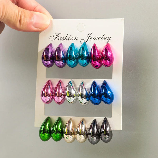 Planet Gates matte-color A New 9Pair/Set Acrylic Small Chunky Waterdrop Earrings Dupes for Women Matte Colorful Dome Tear Drop Earring Hoops Trendy Jewelry