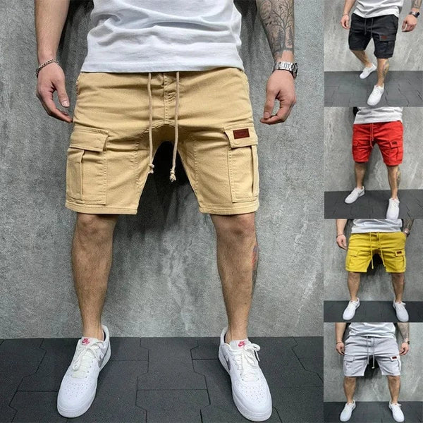Planet Gates Men's Casual Shorts Men's summer cargo shorts Loose multi-pocket stitching waist drawstring straight barrel