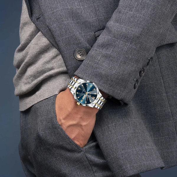 Planet Gates Men Watch Water Diamond Luxury Night Glow Double Calendar Quartz Movement 41mm Blue Gold Stainless Steel Fashion Business Watch