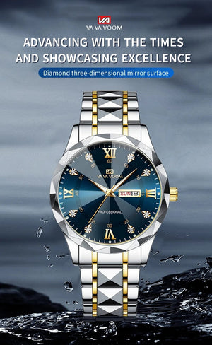 Planet Gates Men Watch Water Diamond Luxury Night Glow Double Calendar Quartz Movement 41mm Blue Gold Stainless Steel Fashion Business Watch