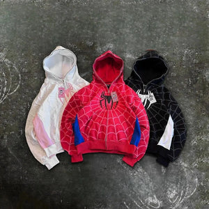 Planet Gates Men Women Fashion Hip Hop Jacket Street Sweatshirt America Gothic Red Spider Print Hoodie Y2k Retro Full Zip Up Loose Hoodies