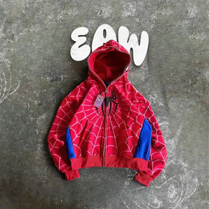 Planet Gates Men Women Fashion Hip Hop Jacket Street Sweatshirt America Gothic Red Spider Print Hoodie Y2k Retro Full Zip Up Loose Hoodies