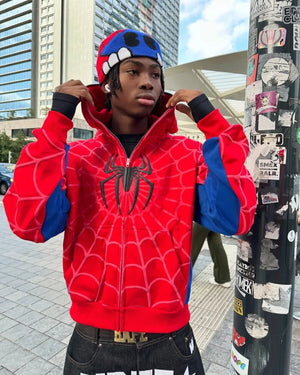 Planet Gates Men Women Fashion Hip Hop Jacket Street Sweatshirt America Gothic Red Spider Print Hoodie Y2k Retro Full Zip Up Loose Hoodies