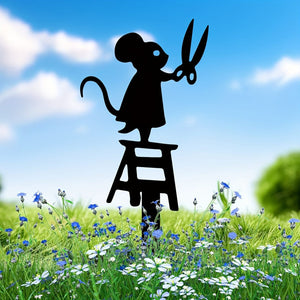 Planet Gates Mice 1pc Metal Garden Stake Silhouette, Mouse With Scissors Design, 17.02x6.86 Cm Decorative Art Lawn Yard Sign, Creative Animal Sculpture Ornament, Outdoor Decor For Spring Season, Durable Metal Material