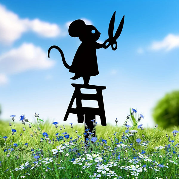 Planet Gates Mice 1pc Metal Garden Stake Silhouette, Mouse With Scissors Design, 17.02x6.86 Cm Decorative Art Lawn Yard Sign, Creative Animal Sculpture Ornament, Outdoor Decor For Spring Season, Durable Metal Material