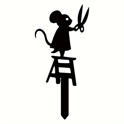 Planet Gates Mice 1pc Metal Garden Stake Silhouette, Mouse With Scissors Design, 17.02x6.86 Cm Decorative Art Lawn Yard Sign, Creative Animal Sculpture Ornament, Outdoor Decor For Spring Season, Durable Metal Material