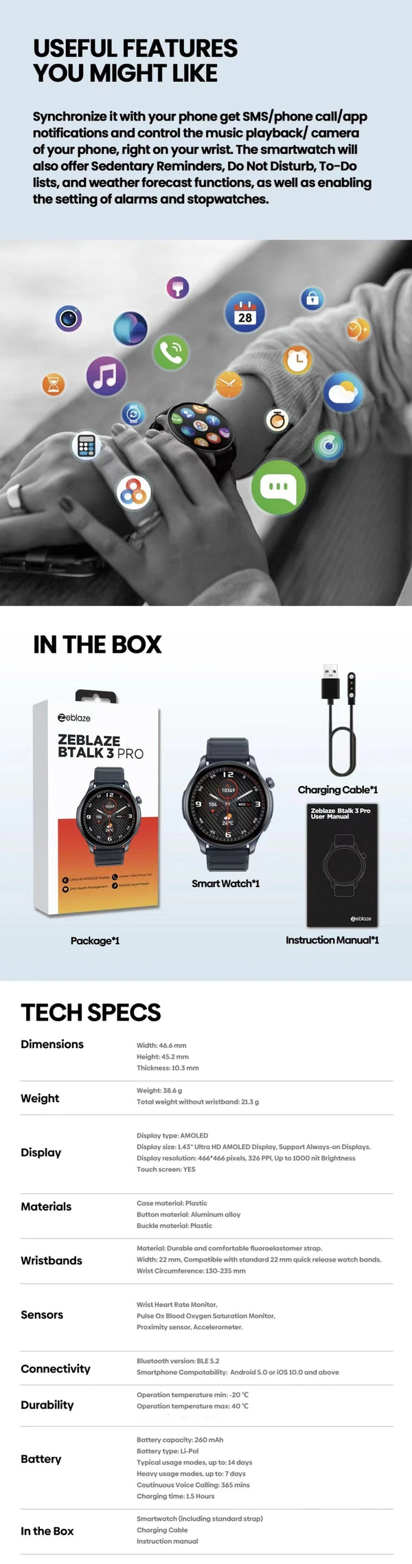 Planet Gates Midnight Blue New Zeblaze Btalk 3 PRO Smart Watch AMOLED Display Hi-Fi Bluetooth Phone Calls Smartwatch Health and Fitness Tracking