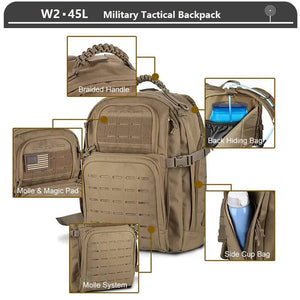 Planet Gates Military Tactical Backpack 3 Day Assault Pack Army Molle Bag 38/45L Large Outdoor Waterproof Hiking Camping Travel 600D Rucksack