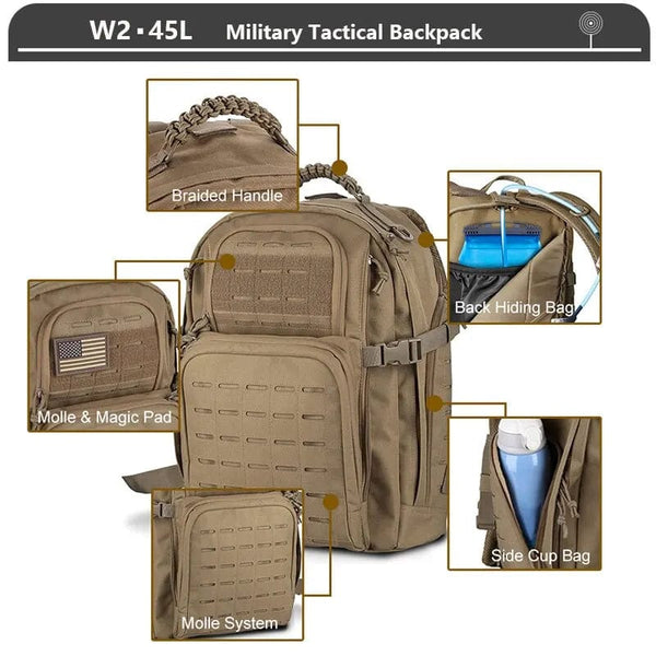 Planet Gates Military Tactical Backpack 3 Day Assault Pack Army Molle Bag 38/45L Large Outdoor Waterproof Hiking Camping Travel 600D Rucksack