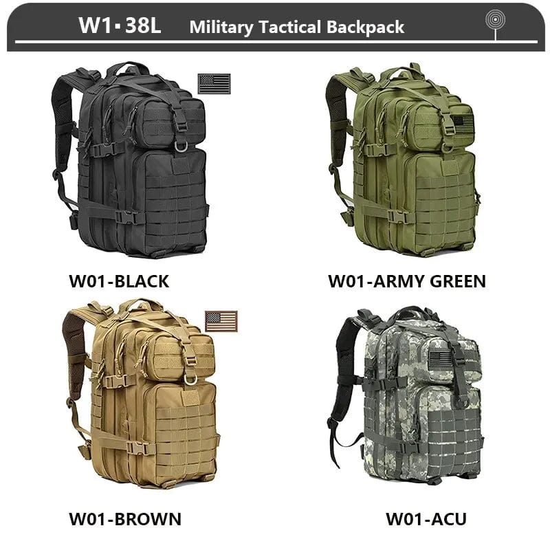 Planet Gates Military Tactical Backpack 3 Day Assault Pack Army Molle Bag 38/45L Large Outdoor Waterproof Hiking Camping Travel 600D Rucksack