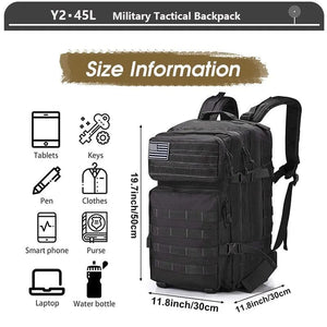 Planet Gates Military Tactical Backpack 3 Day Assault Pack Army Molle Bag 38/45L Large Outdoor Waterproof Hiking Camping Travel 600D Rucksack