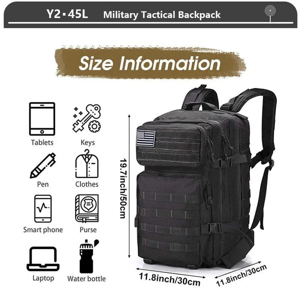 Planet Gates Military Tactical Backpack 3 Day Assault Pack Army Molle Bag 38/45L Large Outdoor Waterproof Hiking Camping Travel 600D Rucksack