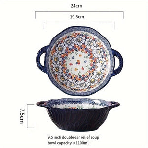 Planet Gates Miro Sunshine 1PC 24.13 Cm Underglaze Color Bohemia Polish Style Double Ear Handle Soup Bowl, Embossed Soup Bowl, Noodle Bowl, Microwave Safe, For Home Kitchen Restaurant Hotel, Kitchen Supplies, Tableware