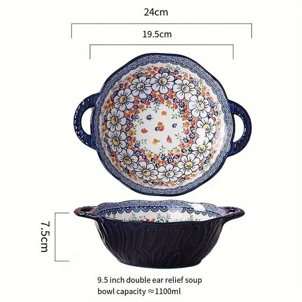 Planet Gates Miro Sunshine 1PC 24.13 Cm Underglaze Color Bohemia Polish Style Double Ear Handle Soup Bowl, Embossed Soup Bowl, Noodle Bowl, Microwave Safe, For Home Kitchen Restaurant Hotel, Kitchen Supplies, Tableware