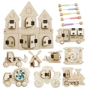 Planet Gates Montessori Busy Board DIY Wood Accessories Early Ball Calculation Bulldozer Castle Helicopter Educational Toy For Children Gifts