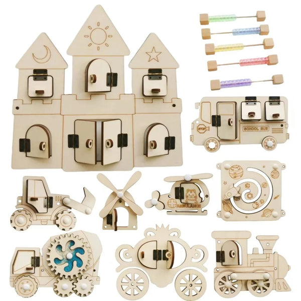 Planet Gates Montessori Busy Board DIY Wood Accessories Early Ball Calculation Bulldozer Castle Helicopter Educational Toy For Children Gifts
