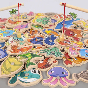 Planet Gates Montessori Wooden Fishing Toys For Children Magnetic Marine Life Cognition Fish Games Parent-Child Interactive Educational Toy