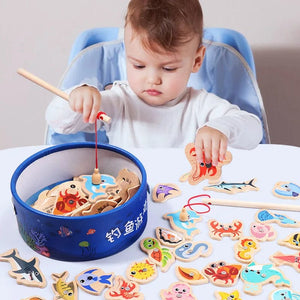Planet Gates Montessori Wooden Fishing Toys For Children Magnetic Marine Life Cognition Fish Games Parent-Child Interactive Educational Toy