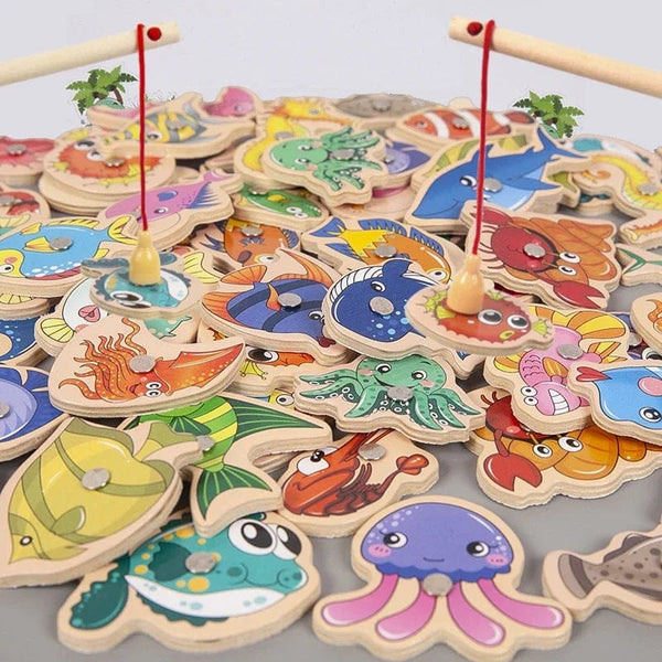 Planet Gates Montessori Wooden Magnetic Fishing Toys for Baby Cartoon Marine Life Cognition Fish Games Education Parent-Child Interactive