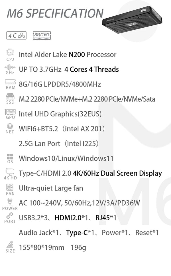 Planet Gates MOREFINE M6 Mini PC 12th Gen Intel N100/N200 Windows 11Pro DDR5 2933MHz NVMe SSD Pocket Computer PC HDMI2.0 4K@60Hz WiFi 6 BT5.2