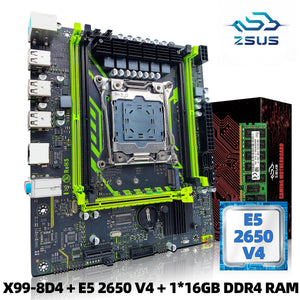 Planet Gates Motherboard+CPU+RAM ZSUS X99-8D4 Motherboard Set Kit With LGA2011-3 Xeon E5 2650 V4 CPU DDR4 16GB (1*16GB) 2133MHZ RAM Memory NVME M.2 SATA