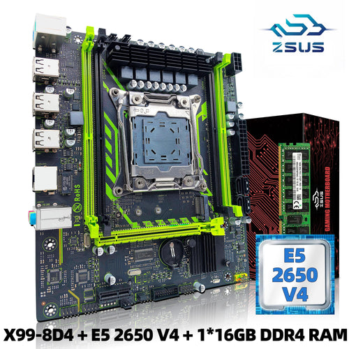 Planet Gates Motherboard+CPU+RAM ZSUS X99-8D4 Motherboard Set Kit With LGA2011-3 Xeon E5 2650 V4 CPU DDR4 16GB (1*16GB) 2133MHZ RAM Memory NVME M.2 SATA