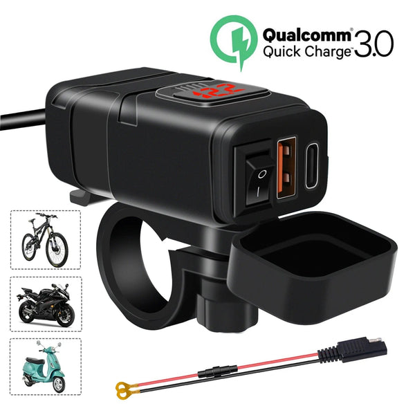 Planet Gates Motorcycle Usb Fast Cell phone Charger Waterproof 12v Port Socket Connector With Cell Mobile Voltmeter Digital For Bike Moto