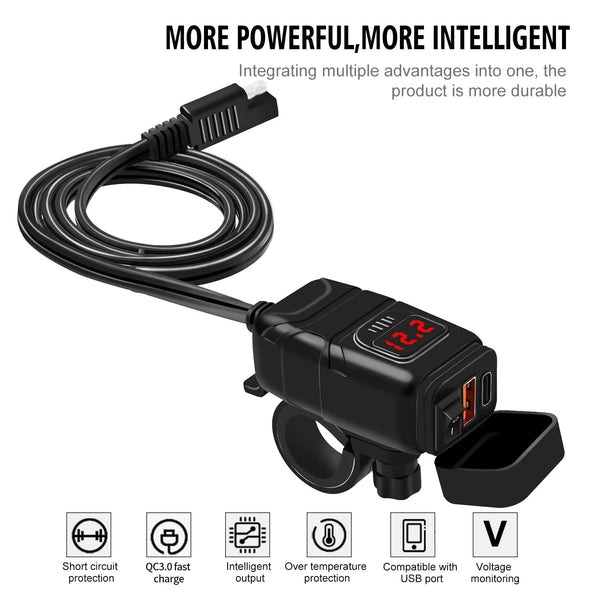 Planet Gates Motorcycle Usb Fast Cell phone Charger Waterproof 12v Port Socket Connector With Cell Mobile Voltmeter Digital For Bike Moto