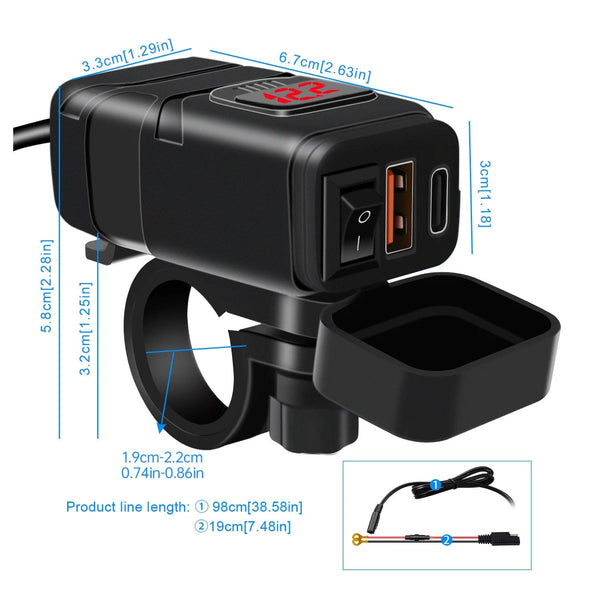 Planet Gates Motorcycle Usb Fast Cell phone Charger Waterproof 12v Port Socket Connector With Cell Mobile Voltmeter Digital For Bike Moto