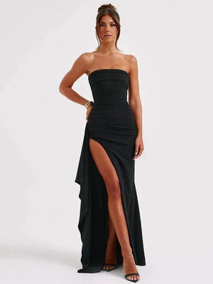 Planet Gates Mozision Strapless Backless High Split Maxi Dress For Women Black Off-shoulder Sleeveless Bodycon Club Party Long Dress Clothes