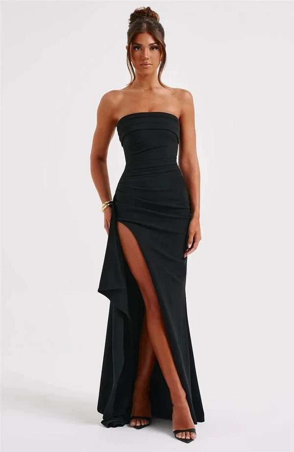 Planet Gates Mozision Strapless Backless High Split Maxi Dress For Women Black Off-shoulder Sleeveless Bodycon Club Party Long Dress Clothes