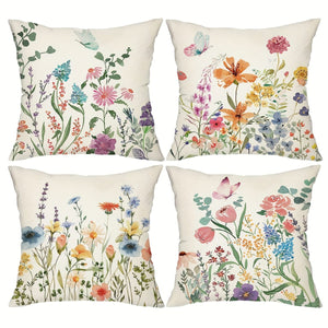 Planet Gates MT101 4PCS Botanical Wildflowers Throw Pillow Covers, 45.72*45.72cm Farmhouse Sweet Home Spring Summer Floral Plant Decorative Cuchion Cases For Porch Patio Couch Sofa Living Room Outdoor, Set Of 4, Without Pillow Inserts