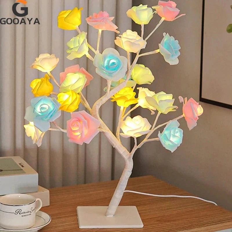 Planet Gates Multicolor 24LED Table Lamp Rose Flower Tree USB Night Lights Christmas Decoration Gift for Kids Room Rose Flower Lighting Home Decoration