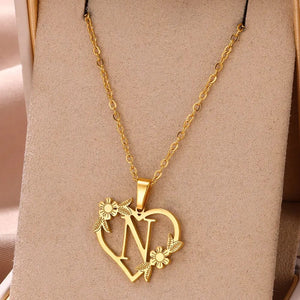 Planet Gates N / 45cm / CHINA Gold Color Dainty Flower Initials Necklace Women Girl Stainless Steel Heart Letter Choker Necklace Best Gifts Alphabet Jewelry