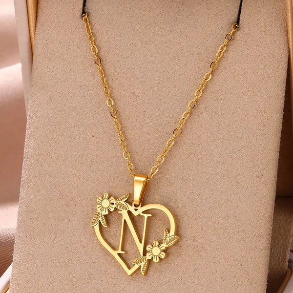 Planet Gates N / 45cm / CHINA Gold Color Dainty Flower Initials Necklace Women Girl Stainless Steel Heart Letter Choker Necklace Best Gifts Alphabet Jewelry