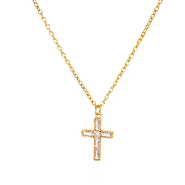 Planet Gates N05309G / 45cm / CHINA Zircon Cross Pendant Necklace for Women Gold Color Stainless Steel Collar Neckalces 2024 Trend Goth Party Wedding Jewelry Gifts