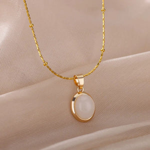 Planet Gates N06429G / 45cm / CHINA Fashion Stone Opal Oval Necklace For Women Stainless Steel Gold Color Oval Stone Pendant Necklace Wedding Aesthetic Jewelry Gift