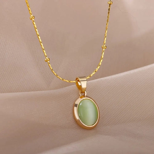 Planet Gates N06429G / 45cm / CHINA Fashion Stone Opal Oval Necklace For Women Stainless Steel Gold Color Oval Stone Pendant Necklace Wedding Aesthetic Jewelry Gift