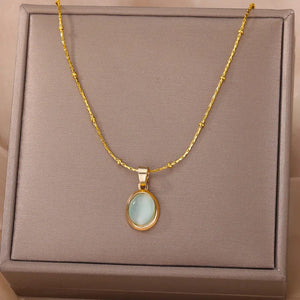 Planet Gates N06429G / 45cm / CHINA Fashion Stone Opal Oval Necklace For Women Stainless Steel Gold Color Oval Stone Pendant Necklace Wedding Aesthetic Jewelry Gift