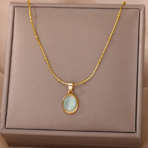Planet Gates N06429G / 45cm / CHINA Fashion Stone Opal Oval Necklace For Women Stainless Steel Gold Color Oval Stone Pendant Necklace Wedding Aesthetic Jewelry Gift